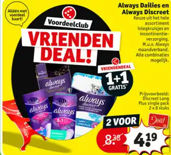 Kruidvat Always Dailies en Always Discreet 1+1 aanbieding