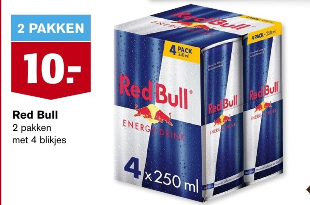 Red Bull 2 pakken met 4 blikjes aanbieding bij Hoogvliet