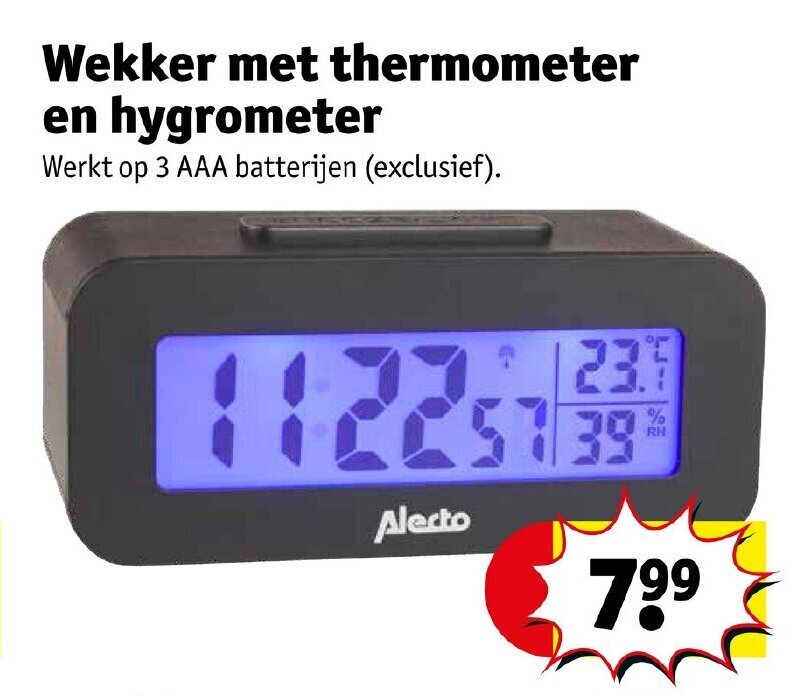 Wekker met thermometer en hygrometer Werkt op 3 AAA batterijen