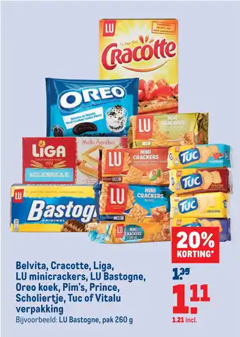 Makro Belvita, Cracotte, Liga, LU minicrackers, LU Bastogne, Oreo koek, Pim's, Prince, Scholiertje, Tuc of Vitalu verpakking aanbieding
