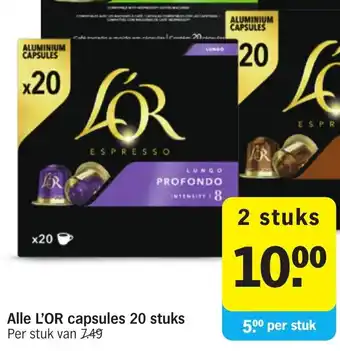 Albert Heijn Alle L'OR capsules 20 stuks aanbieding