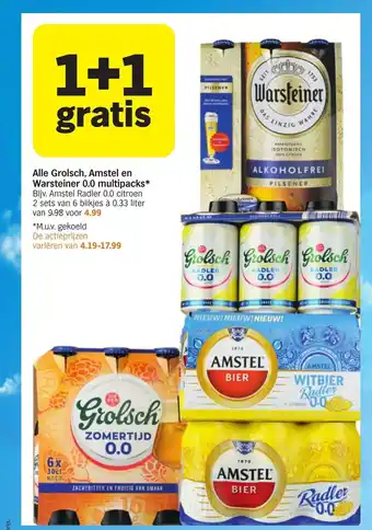 Albert Heijn Alle Grolsch, Amstel en Warsteiner 0.0 multipacks* Bijv. Amstel Radler 0.0 citroen 2 sets van 6 blikjes à 0.33 liter aanbieding