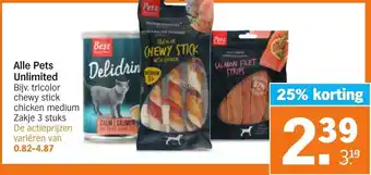 Albert Heijn Alle Pets Unlimited Bijv. tricolor chewy stick chicken medium Zakje 3 stuks aanbieding