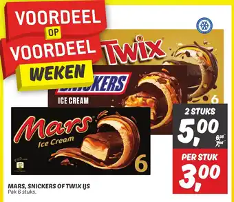 Dekamarkt MARS, SNICKERS OF TWIX IJS Pak 6 stuks. aanbieding