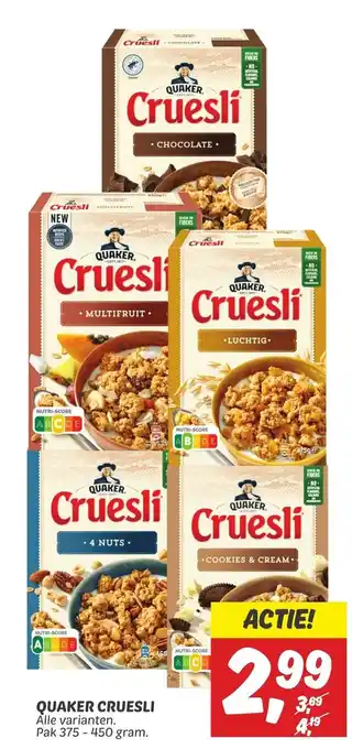 Dekamarkt QUAKER CRUESLI Pak 375-450 gram. aanbieding