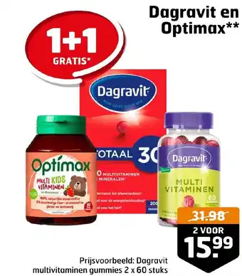 Trekpleister Dagravit en Optimax** multivitaminen gummies 2 x 60 stuks aanbieding