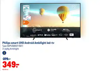 Makro Philips smart UHD Android Ambilight led-tv Type 50PUS8007 (50") aanbieding