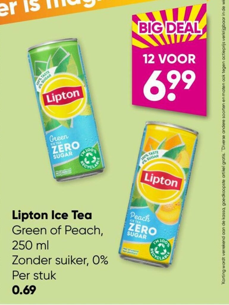 Lipton Ice Tea Green of Peach, 250ml Zonder suiker, 0 aanbieding bij