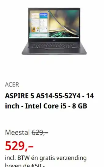 MediaMarkt ACER ASPIRE 5 A514-55-52Y4 - 14 inch - Intel Core i5 - 8 GB aanbieding