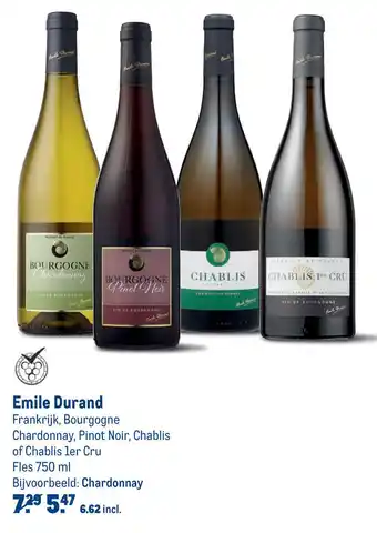 Makro Emile Durand Frankrijk, Bourgogne Chardonnay, Pinot Noir, Chablis of Chablis ler Cru 750 ml aanbieding