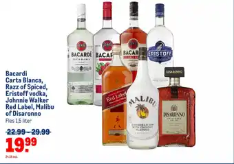 Makro Bacardi Carta Blanca, Razz of Spiced, Eristoff vodka, Johnnie Walker Red Label, Malibu of Disaronno Fles 1,5 liter aanbieding