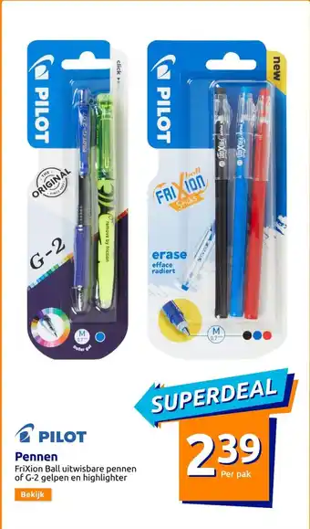 Action PILOT Pennen FriXion Ball uitwisbare pennen of G-2 gelpen en highlighter aanbieding