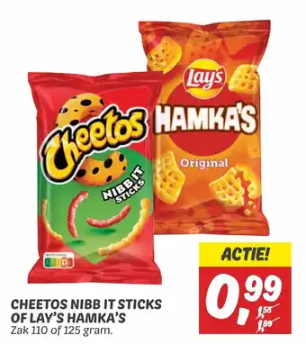 Dekamarkt CHEETOS NIBB IT STICKS OF LAY'S HAMKA'S Zak 110 of 125 gram. aanbieding