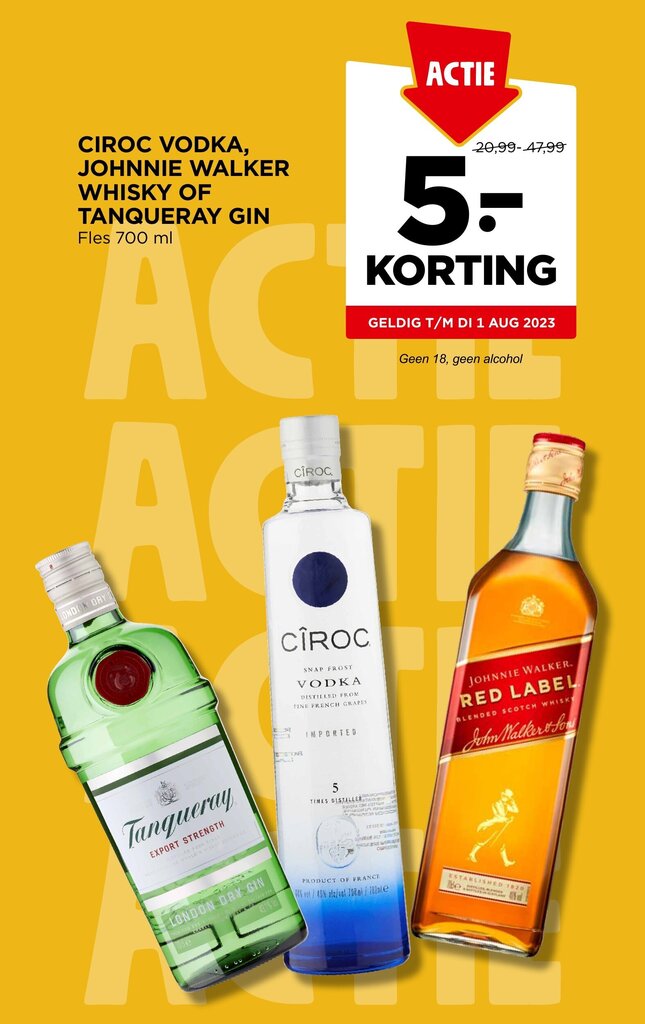 CIROC VODKA, JOHNNIE WALKER WHISKY OF TANQUERAY GIN Fles 700 ml