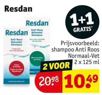 Kruidvat Resdan shampoo Anti Roos Normaal-Vet 2 VOOR x 125ml aanbieding