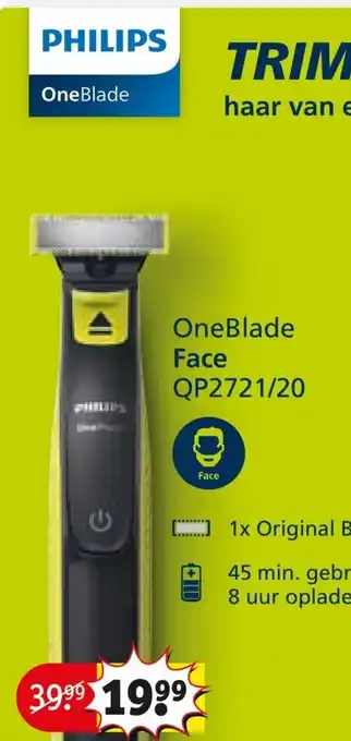 Kruidvat PHILIPS TRIM, SCHEER EN STYLE haar van elke lengte  OneBlade Face QP2721/20 aanbieding