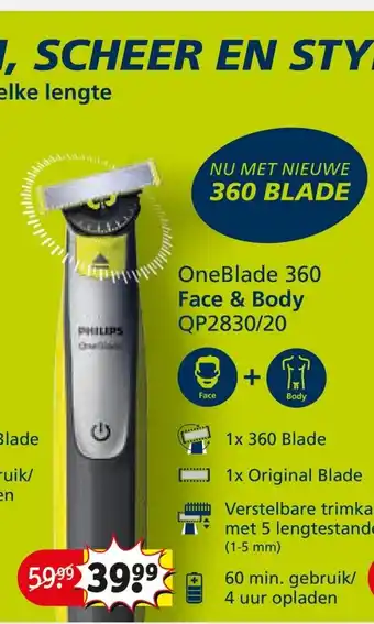 Kruidvat PHILIPS TRIM, SCHEER EN STYLE haar van elke lengte  OneBlade 360 Face & Body QP2830/20 aanbieding