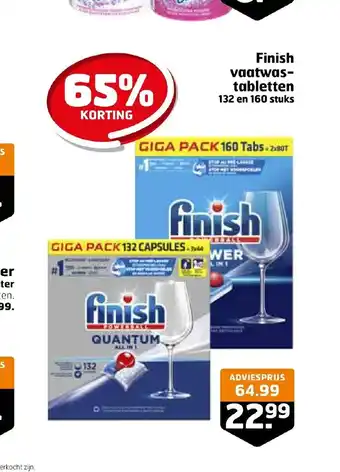 Trekpleister Finish vaatwas-tabletten 132 en 160 stuks aanbieding