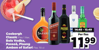 PLUS Coebergh classic fles 1 liter, bols vodka, passoã, pisang ambon of safari fles 70 cl aanbieding