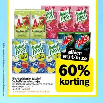 Albert Heijn Alle appelsientje, taksi of dubbelfrisss drinkpakjes aanbieding