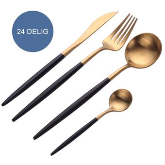 fonQ Krumble bestekset (rond) - 24 delig - 6 persoons - goud en zwart aanbieding