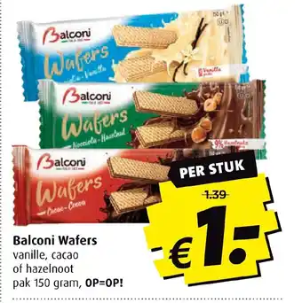 Boni Balconi Wafers vanille, cacao of hazelnoot pak 150 gram, aanbieding