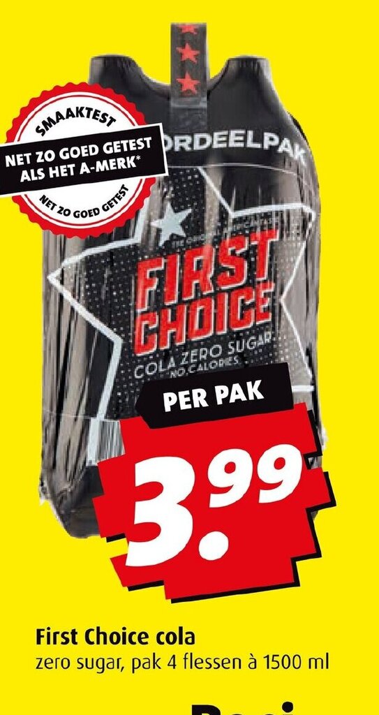 First Choice cola zero sugar, pak 4 flessen à 1500 ml aanbieding bij Boni
