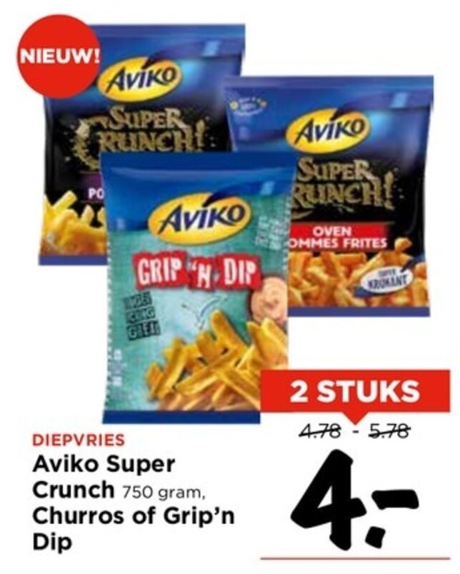 Aviko Super Crunch 750 gram, Churros of Grip'n Dip aanbieding bij Vomar