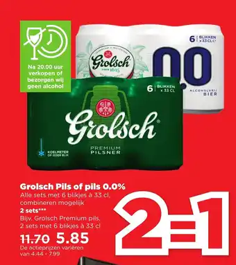 PLUS Grolsch Pils of pils 0.0% 6*330 ml aanbieding