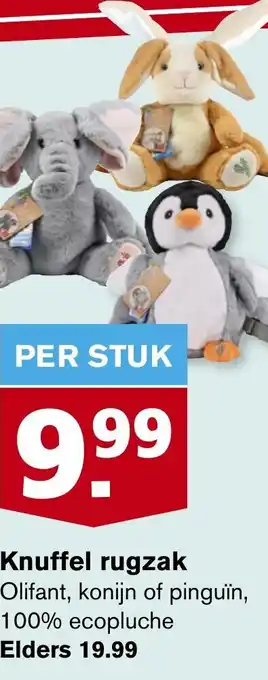 Hoogvliet Knuffel rugzak Olifant, konijn of pinguïn, 100% ecopluche aanbieding