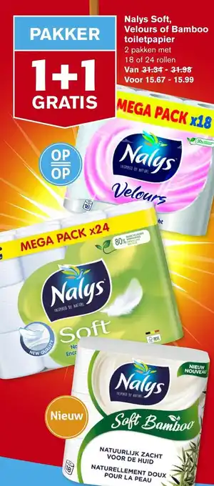 Hoogvliet Nalys Soft, Velours of Bamboo toiletpapier 2 pakken met 18 of 24 rollen aanbieding