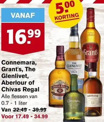 Hoogvliet Connemara, Grant's, The Glenlivet, Aberlour of Chivas Regal Alle flessen van 0.7 - 1 liter aanbieding