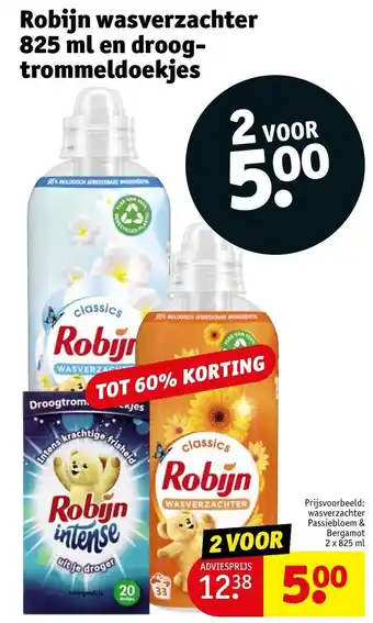 Kruidvat Robijn wasverzachter 825 ml en droog-trommeldoekjes aanbieding