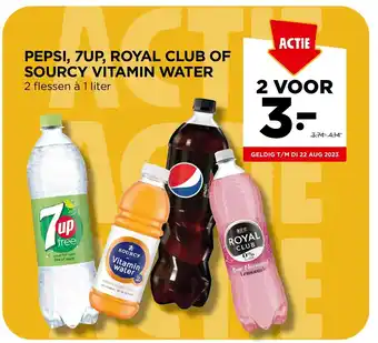 Jumbo PEPSI, 7UP, ROYAL CLUB OF SOURCY VITAMIN WATER 2 flessen à 1 liter aanbieding