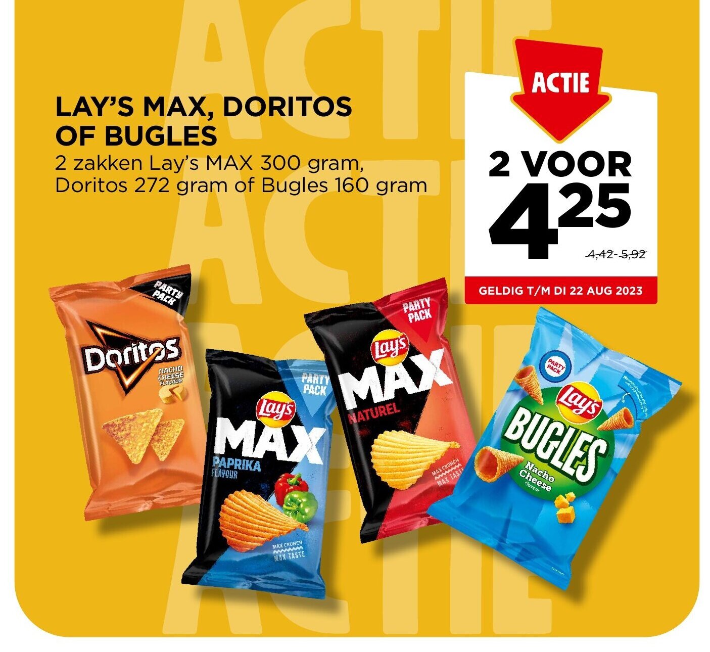 LAY'S MAX, DORITOS OF BUGLES 2 zakken Lay's MAX 300 gram, Doritos 272 gram of Bugles 160 gram