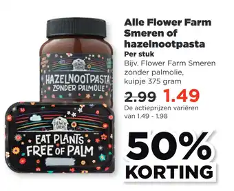 PLUS Alle flower farm smeren of hazelnootpasta aanbieding