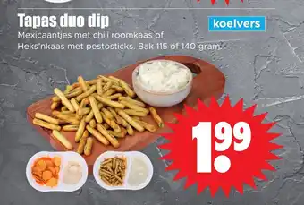 Dirk Tapas duo dip Mexicaantjes met chili roomkaas of Heks'nkaas met pestosticks. Bak 115 of 140 gram. aanbieding