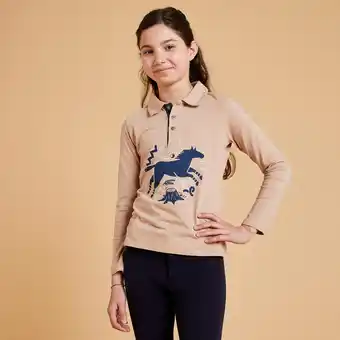 Decathlon Poloshirt met lange mouwen voor paardrijden meisjes 100 beige en marineblauw aanbieding