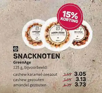 Ekoplaza Snacknoten GreenAge Cashew Karamel-Zeezout, Cashew Gezouten Of Amandel Gezouten 125 gram aanbieding