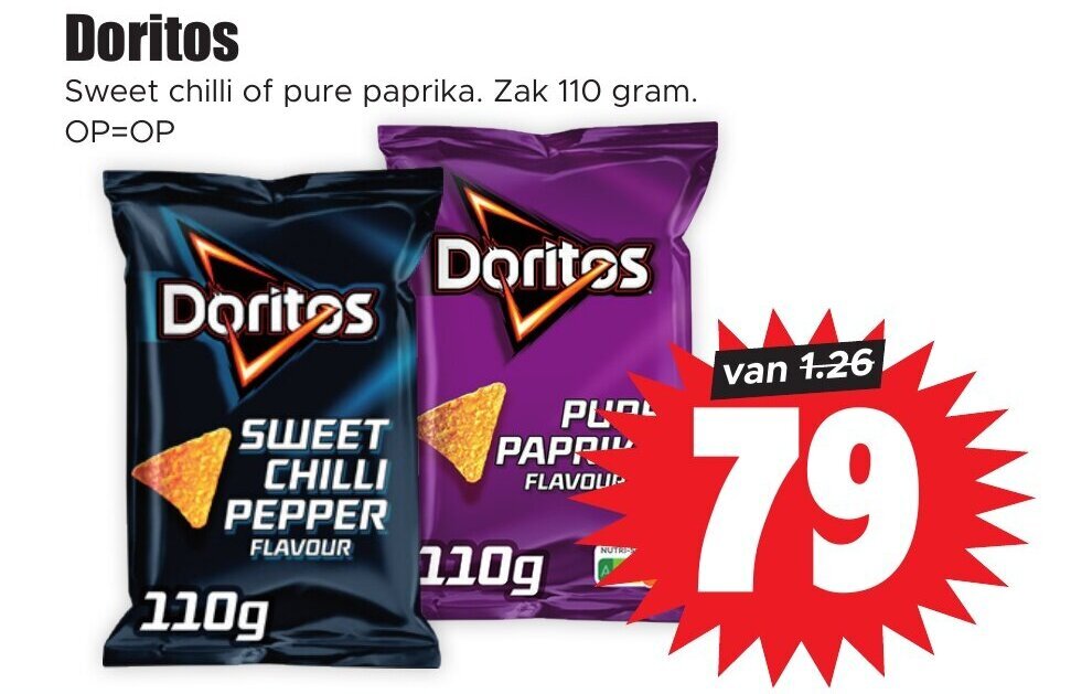 Doritos Sweet chilli of pure paprika. Zak 110 gram. aanbieding bij Dirk