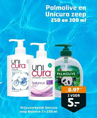 Trekpleister Palmolive en Unicura zeep 250 en 300ml aanbieding