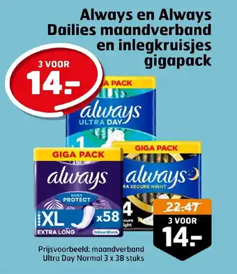 Trekpleister Always en Always Dailies maandverband en inlegkruisjes gigapack aanbieding