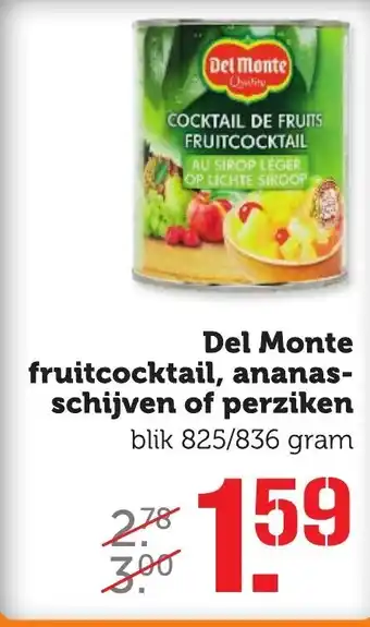 CoopCompact Del Monte Ananasschijven, perziken of fruitcocktail 825/836g aanbieding