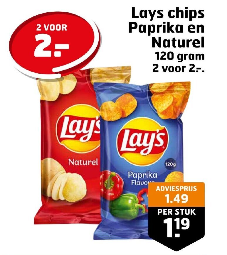 Lays chips Paprika en Naturel 120 gram aanbieding bij Trekpleister