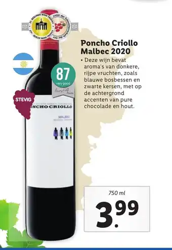 Lidl Poncho Criollo Malbec 2020 750 ml aanbieding