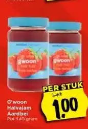 Vomar Voordeelmarkt G'woon halvajam aardbei pot 340 gram aanbieding