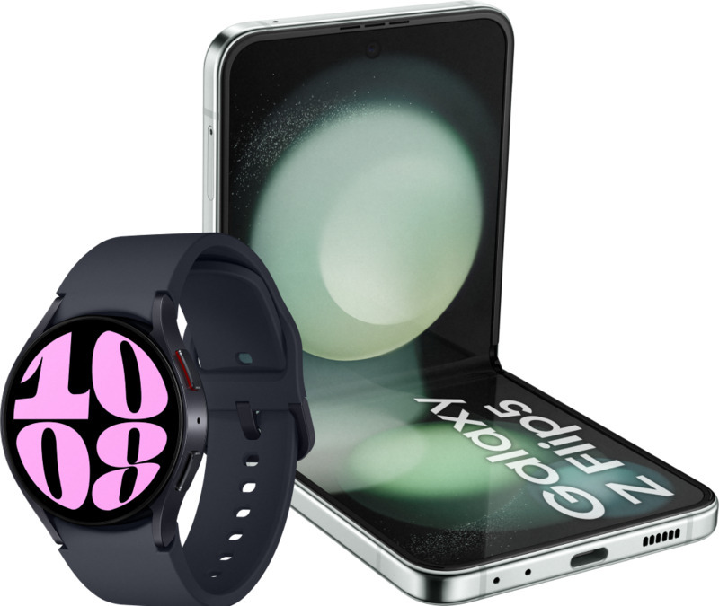 Samsung galaxy z flip 5 512gb mint 5g + galaxy watch 6 zwart 40mm aanbieding bij Coolblue
