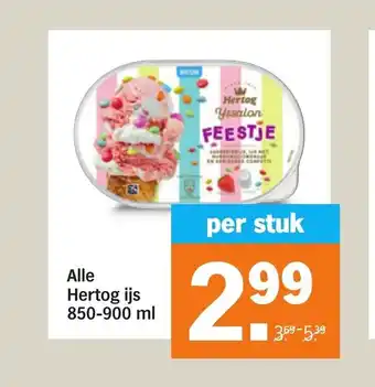 Albert Heijn Alle Hertog ijs 850-900 ml aanbieding