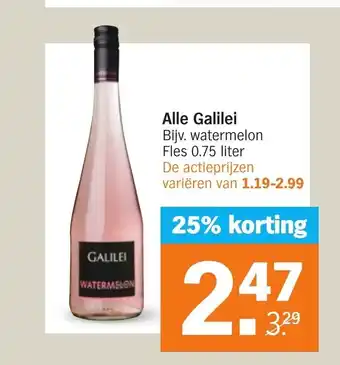 Albert Heijn Alle Galilei Bijv. watermelon Fles 0.75 liter De actieprijzen variëren van 1.19-2.99 aanbieding