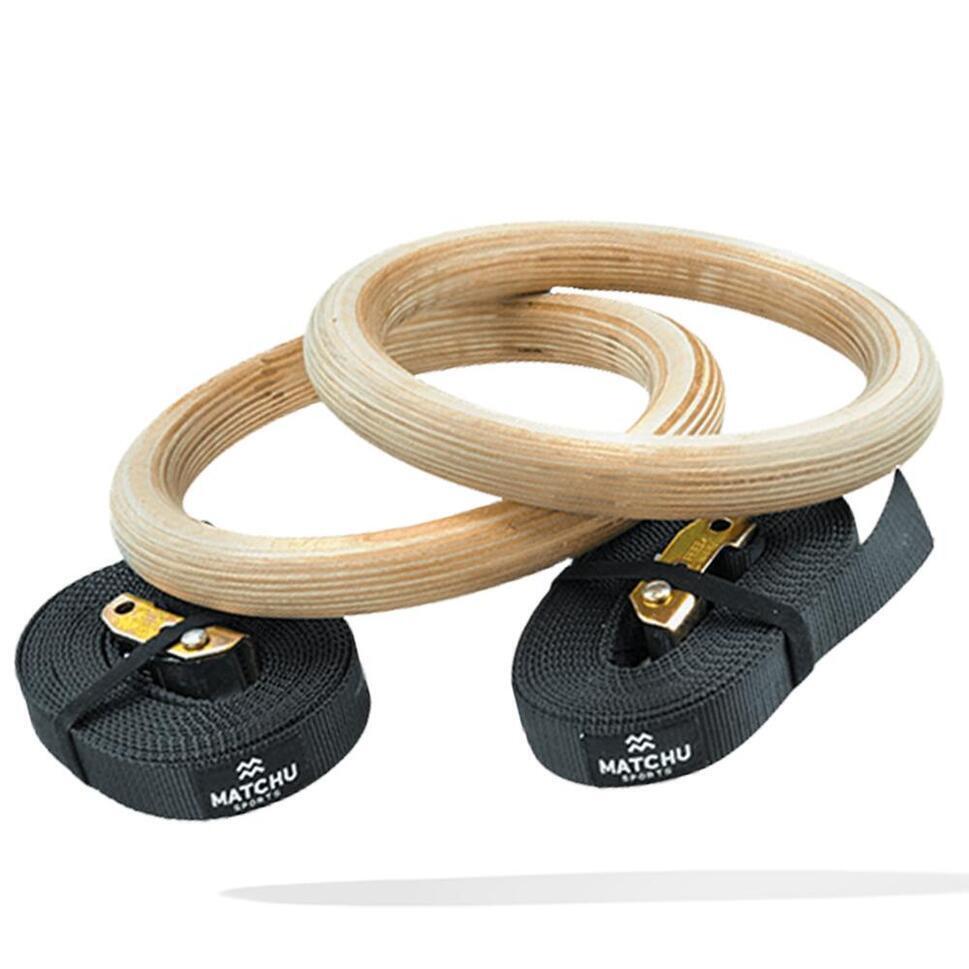 Houten Turnringen met zwart touw voor schommel Houten Turnringen met zwart touw voor schommel
